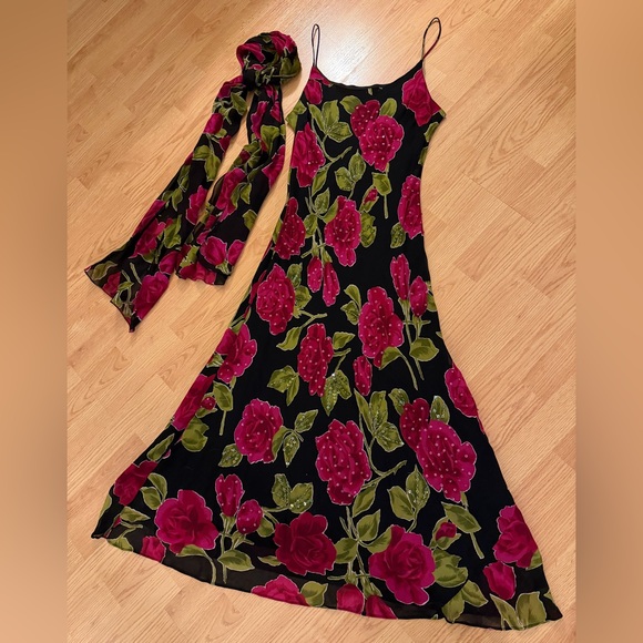 Eva Blue Dresses & Skirts - VTG Y2K Eva Blue Beaded Dress W/ Scarf Sz 10 Spaghetti Strap Flowy Formal Fairy